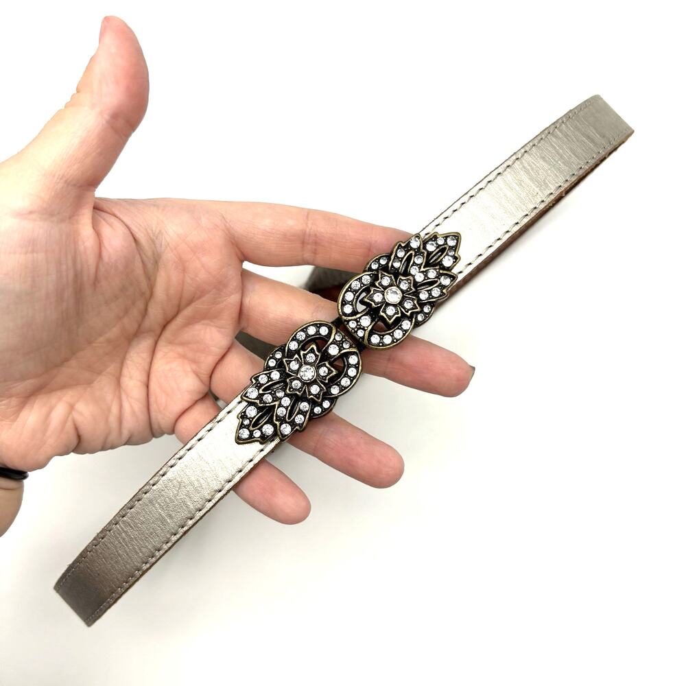 Y2K Fossil Silver Leather Brass Rhinestone Buckle Stretch Waist Belt L 36-38" - Picture 5 of 12
